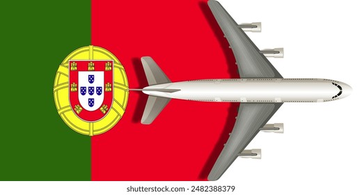 Flag of Portugal with an airplane flying over it close up. Vector image.