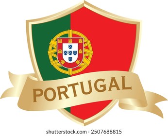 Flag of Portugal as around the metal gold shield with Portugal flag