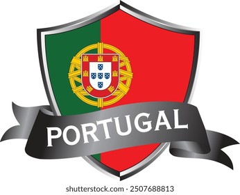 Flag of Portugal as around the metal silver shield with Portugal flag