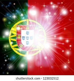 Flag of Portugal background with pyrotechnic or light burst and copy space in the centre