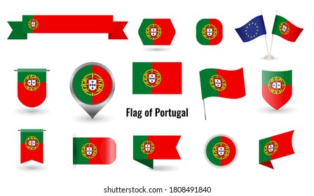 The Flag of Portugal. Big set of icons and symbols. Square and round Portugal flag. Collection of different flags of horizontal and vertical. vector illustration.