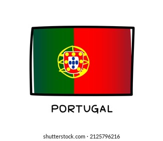 Flag of Portugal. Colorful Portuguese flag logo. Green and red brush strokes, hand drawn. Black outline. Vector illustration isolated on white background.