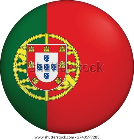 Flag of Portugal. Glossy circular flag. Button appearance. 3D Icon Design with depth. Professional, tactile look. Perfect for representing national identity in digital interfaces and perfect for websites