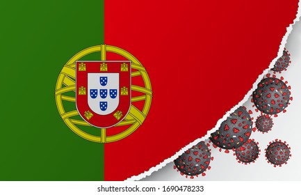Flag of Portugal with outbreak deadly coronavirus covid-19. Banner with the spread of Coronavirus 2019-nCoV. Large bacteriums against background of the national flag. Concept of coronavirus quarantine