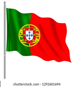 Flag of Portugal with flag pole waving in wind. Vector illustration