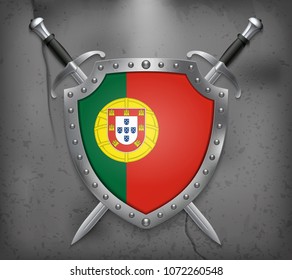 Flag of Portugal. The Shield with National Flag. Two Crossed Swords. Vector Medieval Background