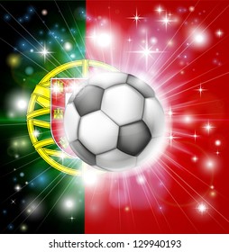 Flag of Portugal soccer background with pyrotechnic or light burst and soccer football ball in the centre