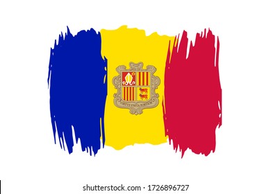 Flag of the Principality of the Valleys of Andorra or Principality of Andorra.  Andorra tricolor brush concept. Horizontal vector Illustration isolated on white background. 