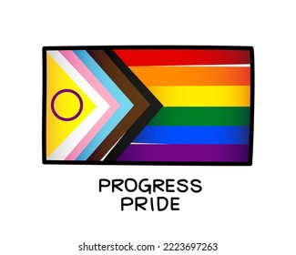Bandera del orgullo del progreso. Bandera LGBT. LGBTQIA + símbolos. Bandera arcoiris. Un símbolo internacional de la comunidad lesbiana, gay, bisexual y transgénero. Pinceles multicolores dibujados a mano. 