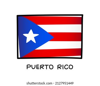 Flag of Puerto Rico. Colorful Puerto Rican flag logo. Blue, red and white hand-drawn brush strokes. Black outline. Vector illustration isolated on white background.