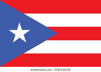 The flag of Puerto Rico consists of five equal horizontal stripes, alternating from red to white, with a blue equilateral triangle based on the hoist side bearing a large, sharp, upright, five-pointed