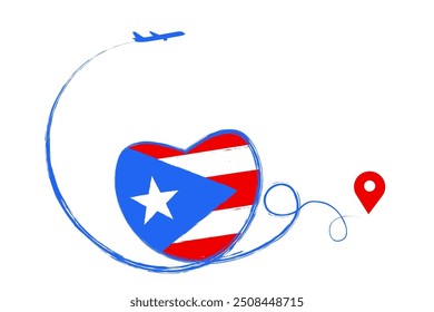 Bandeira de Porto Rico. Coração, adoro viagem romântica. Símbolo de avião, avião, avião, avião, voo, avião a jato de voo. Caminho da linha. Rota do ponteiro de localização do vetor. Viaje para o seu design, logotipo, UI. 