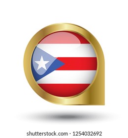 Flag of Puerto Rico, location map pin, pointer flag, button with the reflection of light and shadow, gold frame, Icon country. Realistic vector illustration on white background.