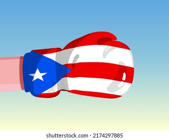 Flag of Puerto Rico on boxing glove. Confrontation between countries with competitive power. Offensive attitude. Separation of power. Template ready design.