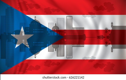 Flag of Puerto Rico with San Juan skyline - vector illustration