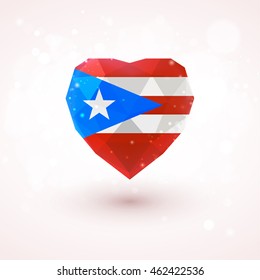Flag of Puerto Rico in shape of diamond glass heart in triangulation style for info graphics, greeting card, celebration of Independence Day, printed materials 