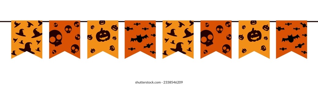 Flag with pumpkins, monsters, vampire bats, skulls and ghosts motif for Halloween decoration