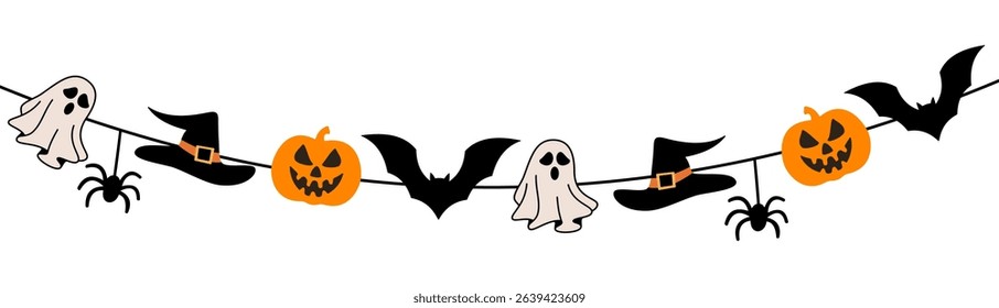 Flag with pumpkins, monsters, vampire bats, skulls and ghosts motif for Halloween decoration on transparent background