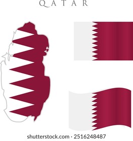 Bandera del elemento de línea de color de Qatar. Elemento de Vector para la página de Web, App móvil, promoción. Elemento de diseño de interfaz gráfica de usuario. Conjunto de mapa de Qatar aislado en el fondo blanco, diseño de Ilustración vectorial