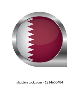 Flag of Qatar, location map pin, pointer flag, button with the reflection of light and shadow, silver frame, Icon country. Realistic vector illustration on white background.