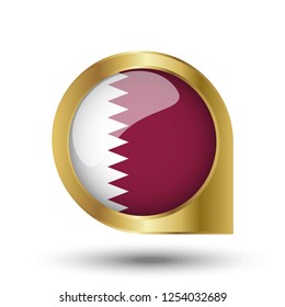 Flag of Qatar, location map pin, pointer flag, button with the reflection of light and shadow, gold frame, Icon country. Realistic vector illustration on white background.