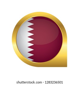 Flag of Qatar, location map pin, pointer flag, button with the reflection of light and shadow, gold frame, Icon country. Realistic vector illustration on white background.