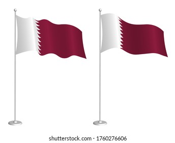 Fahne von Katar auf Fahnenmast im Wind schweben. Feriendesign-Element. Checkpoint für Kartensymbole. Einzige Vektorgrafik auf weißem Hintergrund