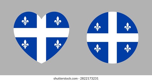 Flag of Quebec province of Canada heart, circle button, badge. Set of Quebec flag round, heart icon, sticker. Flag of region Quebec banner, background.