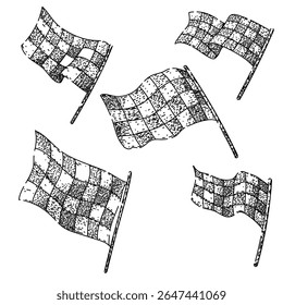 flag race set hand draw. speed finish, start track, baton sprint flag race vetor sketch. ilustração em preto isolado