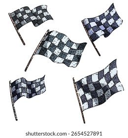 flag race set hand drawn. speed finish, start track, baton sprint flag race vector sketch. isolated color illustration