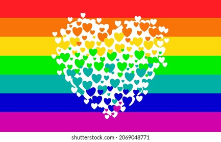 A flag in rainbow colors with multicolored hearts. The concept is an ornament of free love, gender equality, tolerance, acceptance of LGBT communities. Vector graphics.