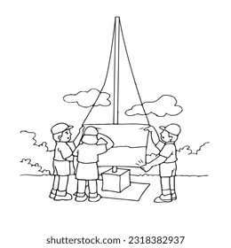 flag raising ceremony, flag ceremony in outline version, Vector black and white coloring page.vector outline can for drawing book and coloring image
