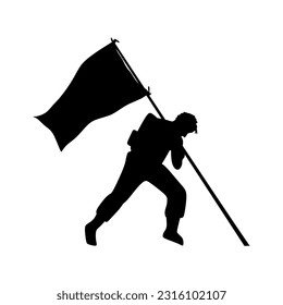 Flag raising silhouette. Silhouette of a soldier sticking a flag into the ground. Icon vector illustration in trendy style. Editable graphic resources for many purposes.