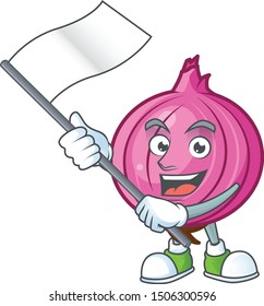With flag raw red onion cartoon on white background