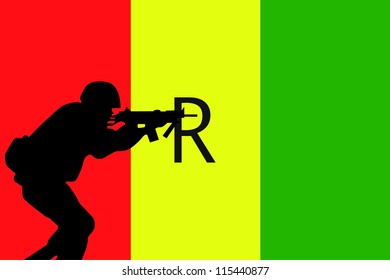 The flag of Rawanda and the silhouette of a soldier aiming their weapon