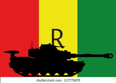 The flag of Rawanda with the silhouette of a tank