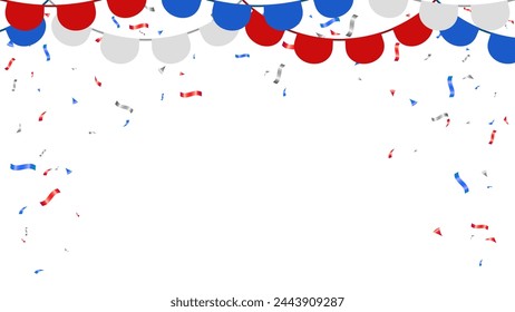 Flag red, blue and white confetti falling on background. Celebration event, birthday surprise