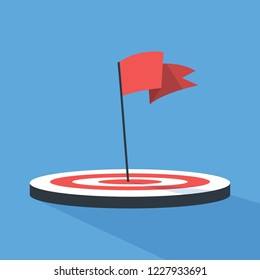 Flag in red color standing on a target as a metaphor of achievement. Idea of growth and leadership. Flat vector illustration