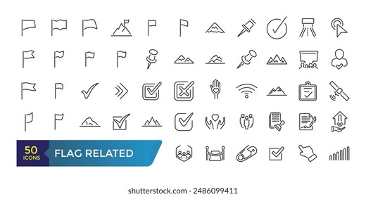 Flag Related line icons. Contains such Icons as Achievement, Victory, Map with a Flag and more. Collection and pack of linear web and ui icons. Editable stroke. Vector illustration.