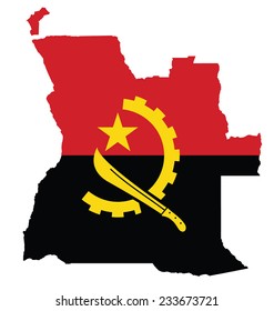Flag of the Republic of Angola overlaid on outline map isolated on white background 