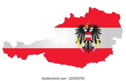 Flag of the Republic of Austria overlaid on outline map isolated on white background 