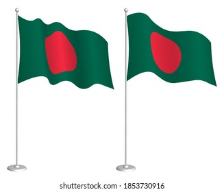 flag of republic of Bangladesh on flagpole waving in wind. Holiday design element. Checkpoint for map symbols. Isolated vector on white background