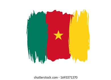 Flag of the Republic of Cameroon. Cameroon tricolor brush concept with yellow star. Horizontal Illustration isolated on white background.  