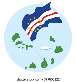 flag of the Republic of Cape Verde is developing over the islands and white a ship/Cape Verde Islands