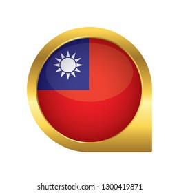 Flag of Republic of China, location map pin, pointer flag, button with the reflection of light and shadow, gold frame, Icon country. Realistic vector illustration on white background.