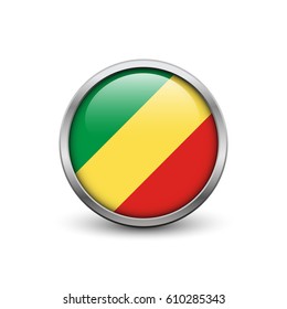 Flag of Republic of the Congo, button with metal frame and shadow