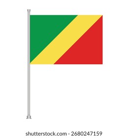 La bandera de la República del Congo, una diagonal tricolor de verde, amarillo y rojo, mostrada en un asta de bandera plateada sobre un fondo blanco.