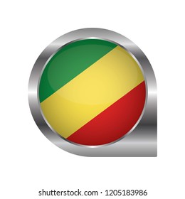 Flag of Republic of the Congo, location map pin, pointer flag, button with the reflection of light and shadow, silver frame, Icon country. Realistic vector illustration on white background.