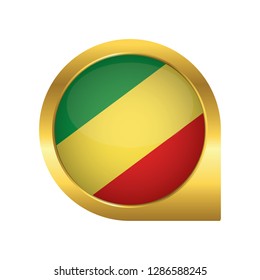 Flag of Republic of the Congo, location map pin, pointer flag, button with the reflection of light and shadow, gold frame, Icon country. Realistic vector illustration on white background.
