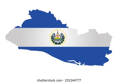 Flag of the Republic of El Salvador overlaid on outline map isolated on white background 